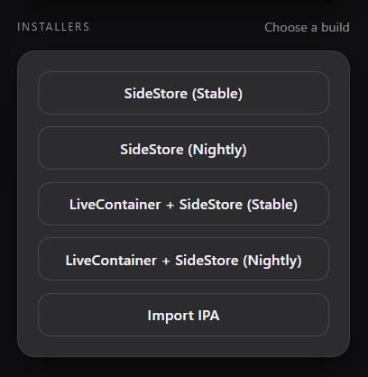iloader installers list: choose SideStore (Stable)