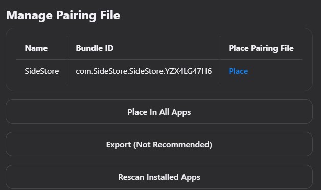 Manage Pairing File window: Place button on the SideStore row